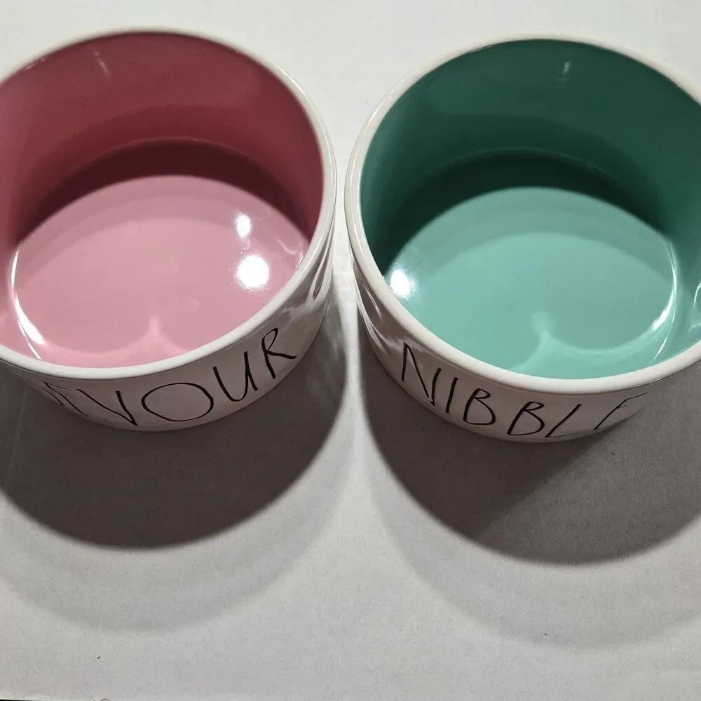 Rae Dunn Ceramic Dog Cat Bowls SAVOR & NIBBLE Pink & Blue/Teal Set Medium